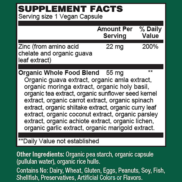 PlantFusion Vegan Zinc Supplements 22 mg – Wholefood Complex Chelated Zinc Citrate from Organic Guava Leaf for Immune Support 60 Capsules