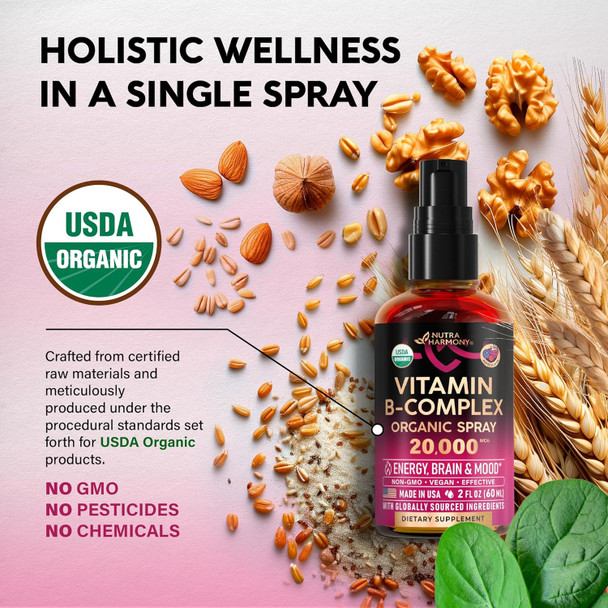 NUTRAHARMONY USDA Organic Vitamin B-Complex Liquid Spray 8-in-1 - B5 Pantothenic Acid | B12 Methylcobalamin | B1 Thiamine | B6 Pyridoxine | B7 Biotin | B9 Folic | B3 Niacinamide - Made in USA Supplement, 2fl oz