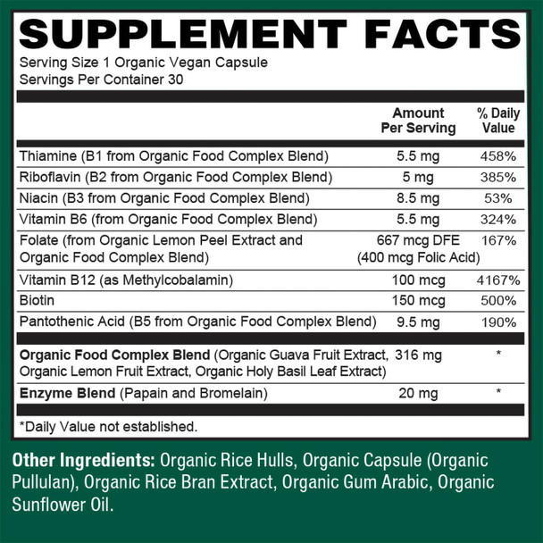 PlantFusion Organic Vitamin B-Complex Vegan Whole Food Supplement for Energy & Metabolism Methylated B12 Guava Lemon & Basil Non-GMO Gluten-Free - 30 Capsules