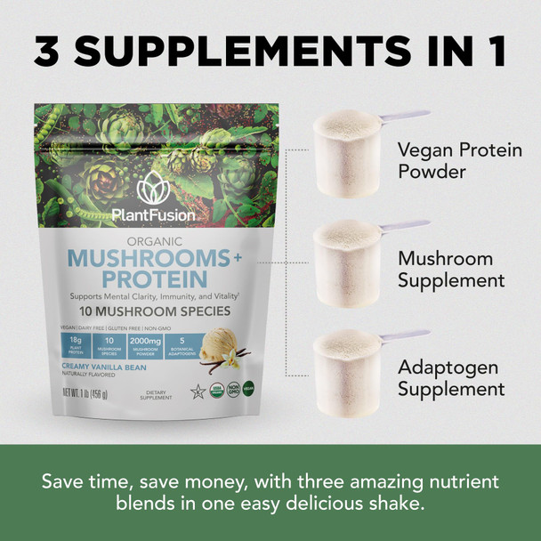PlantFusion Mushroom Protein Powder - 3 in 1 Vegan Protein Powder Mushroom Supplement and Adaptogen Supplement - Support Mental Focus Immunity and Recovery - Vanilla 1lb