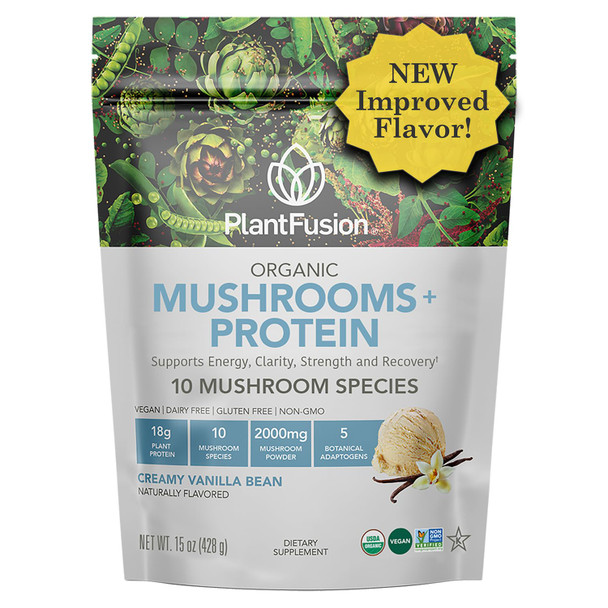 PlantFusion Mushroom Protein Powder - 3 in 1 Vegan Protein Powder Mushroom Supplement and Adaptogen Supplement - Support Mental Focus Immunity and Recovery - Vanilla 1lb