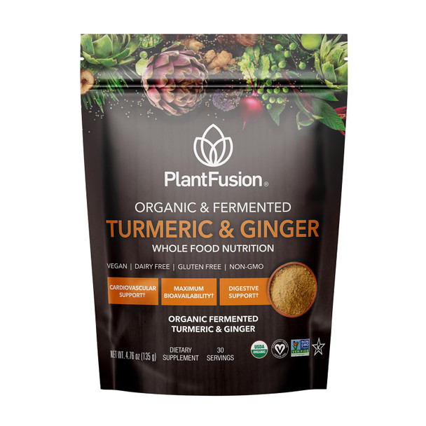 PlantFusion Turmeric and Ginger Drink Mix - Fermented Whole Food Nutrition Herbal Supplement Powder with Curcuminoids - USDA Certified Organic Non-GMO Vegan Gluten-Free 4.76 oz 30 Servings