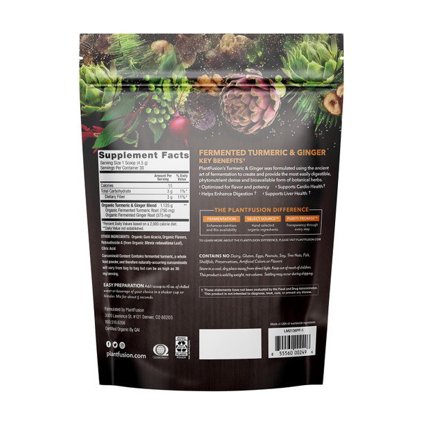 PlantFusion Turmeric and Ginger Drink Mix - Fermented Whole Food Nutrition Herbal Supplement Powder with Curcuminoids - USDA Certified Organic Non-GMO Vegan Gluten-Free 4.76 oz 30 Servings