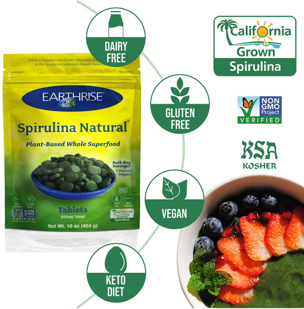 Earthrise Spirulina Pure Californian Spirulina 500 mg Vegan Gluten Free Keto Friendly Non -GMO Super Food high in Vitamins & Minerals. 1 LB Tablets (150 Serving)
