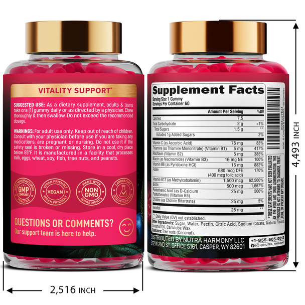 NUTRAHARMONY Vitamin B-Complex Gummies for Women & Men - Vitamin B12, B1, B2, B3, B5, B6, B7 & B9 - B Complex with Vitamin C & Choline - Energy, Brain & Mood - Natural Berry Flavor, Vegan - 60 Gummies 2 Pack
