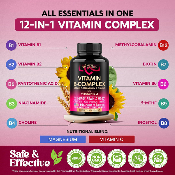 NUTRAHARMONY Vitamin B Complex for Men & Women - Riboflavin B2, B12, B1, B3, B5, B6, B7, B8, B9 | Vitamin C, Choline, Inositol - B-Complex Supplement - Energy, Brain & Heart Support - Made in USA, 60 Vegan Caps
