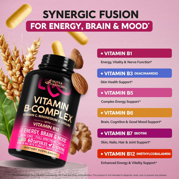 NUTRAHARMONY Vitamin B Complex for Men & Women - Riboflavin B2, B12, B1, B3, B5, B6, B7, B8, B9 | Vitamin C, Choline, Inositol - B-Complex Supplement - Energy, Brain & Heart Support - Made in USA, 60 Vegan Caps