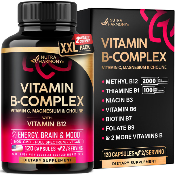NUTRAHARMONY Vitamin B Complex for Men & Women - Made in USA - B-Complex: B1, B2, B3, B5, B6, B7, B8, B9, B12 with Vitamin C, Choline, Inositol - Energy, Brain & Heart Support Supplement, 120 Vegan Capsules