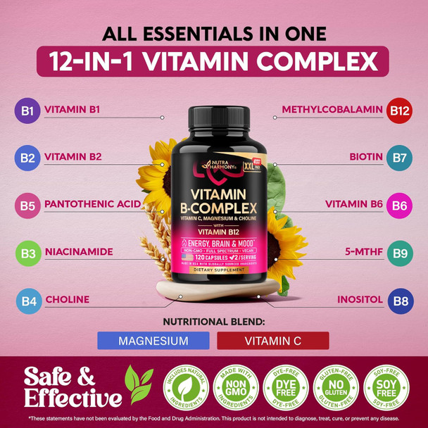 NUTRAHARMONY Vitamin B Complex for Men & Women - Made in USA - B-Complex: B1, B2, B3, B5, B6, B7, B8, B9, B12 with Vitamin C, Choline, Inositol - Energy, Brain & Heart Support Supplement, 120 Vegan Capsules