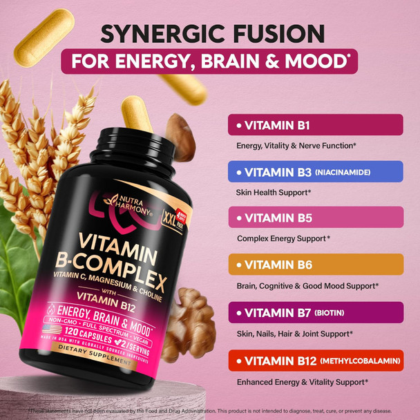 NUTRAHARMONY Vitamin B Complex for Men & Women - Made in USA - B-Complex: B1, B2, B3, B5, B6, B7, B8, B9, B12 with Vitamin C, Choline, Inositol - Energy, Brain & Heart Support Supplement, 120 Vegan Capsules