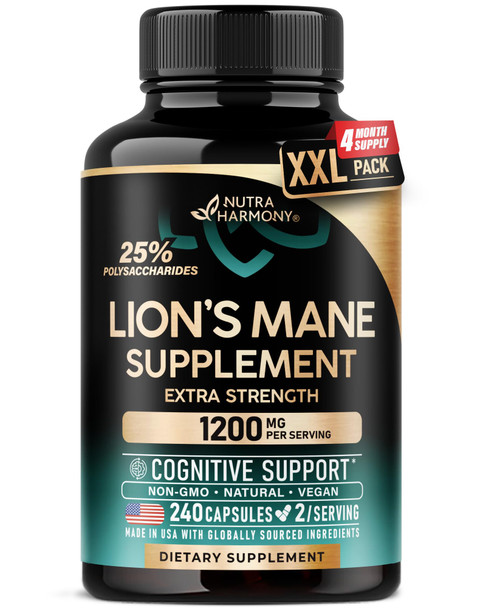 NUTRAHARMONY Lions Mane Supplement Capsules - Organic Lions Mane - Made in USA - Fruiting Bodies Extract - 1200 mg, 25% Polysaccharides - Memory & Focus Support - As Lions Powder - 240 Capsules, 4 Month Supply