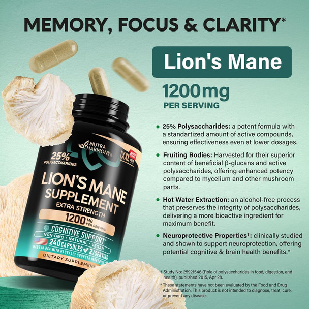 NUTRAHARMONY Lions Mane Supplement Capsules - Organic Lions Mane - Made in USA - Fruiting Bodies Extract - 1200 mg, 25% Polysaccharides - Memory & Focus Support - As Lions Powder - 240 Capsules, 4 Month Supply