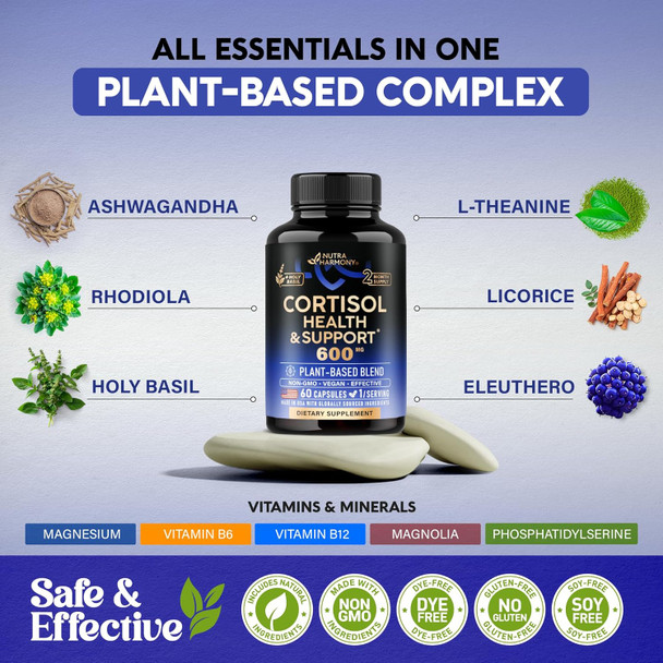 NUTRAHARMONY Cortisol Supplement for Women - Holy Basil | Ashwagandha | Rhodiola | L-Theanine - Plant-Based Hormone Balance - Mood, Focus & Sleep Support - Made in USA - Vegan, Non-GMO - 60 Capsules for 2 Months