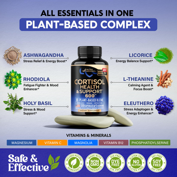 NUTRAHARMONY Cortisol Supplement for Women - Holy Basil | Ashwagandha | Rhodiola | L-Theanine - Plant-Based Hormone Balance - Mood, Focus & Sleep Support - Made in USA - Vegan, Non-GMO - 120 Capsules for 4 Months