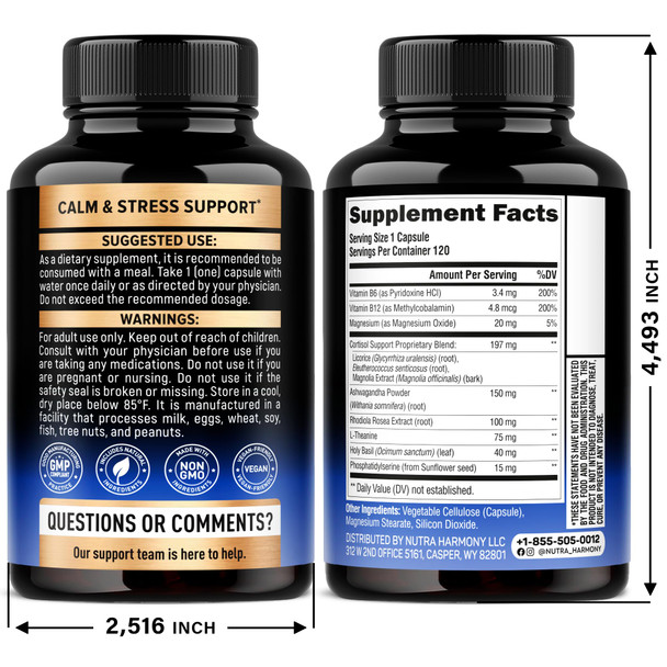 NUTRAHARMONY Cortisol Supplement for Women - Holy Basil | Ashwagandha | Rhodiola | L-Theanine - Plant-Based Hormone Balance - Mood, Focus & Sleep Support - Made in USA - Vegan, Non-GMO - 120 Capsules for 4 Months