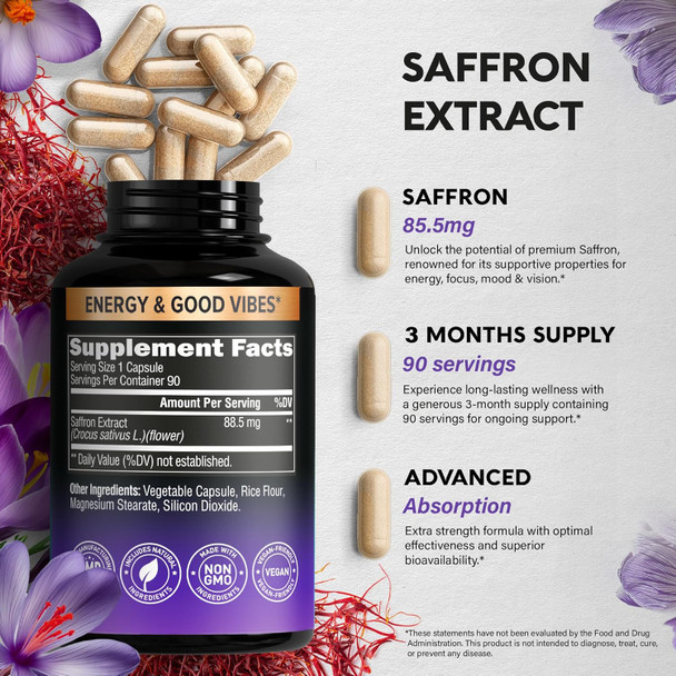 NUTRAHARMONY Natural Saffron Supplements - Pure Saffron Extract 88.5 mg - Made in USA - Mood | Focus | Vision | Energy Support - Eye Health for Women & Men - NonGMO Vegan Pills - 90 Powder Capsules, 3 Month Supply