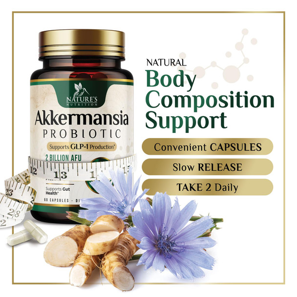 Nature's Nutrition Akkermansia Probiotic Akkermansia 2 Billion AFU Per Serving - Advanced Probiotics Akkermansia Muciniphila Supplement  Digestive Health and GLP 1 Support and Prebiotics  Bottled in USA  60 Capsules