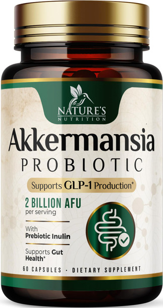 Nature's Nutrition Akkermansia Probiotic Akkermansia 2 Billion AFU Per Serving - Advanced Probiotics Akkermansia Muciniphila Supplement  Digestive Health and GLP 1 Support and Prebiotics  Bottled in USA  60 Capsules