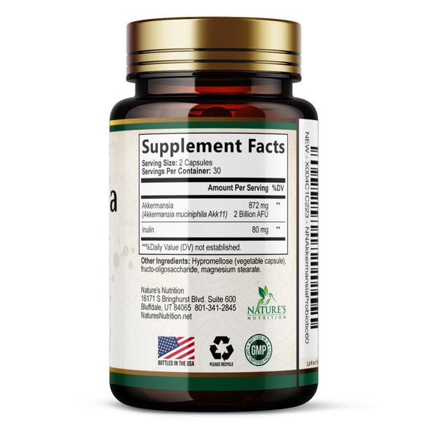 Nature's Nutrition Akkermansia Probiotic Akkermansia 2 Billion AFU Per Serving - Advanced Probiotics Akkermansia Muciniphila Supplement  Digestive Health and GLP 1 Support and Prebiotics  Bottled in USA  60 Capsules