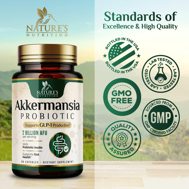 Nature's Nutrition Akkermansia Probiotic Akkermansia 2 Billion AFU Per Serving - Advanced Probiotics Akkermansia Muciniphila Supplement  Digestive Health and GLP 1 Support and Prebiotics  Bottled in USA  60 Capsules