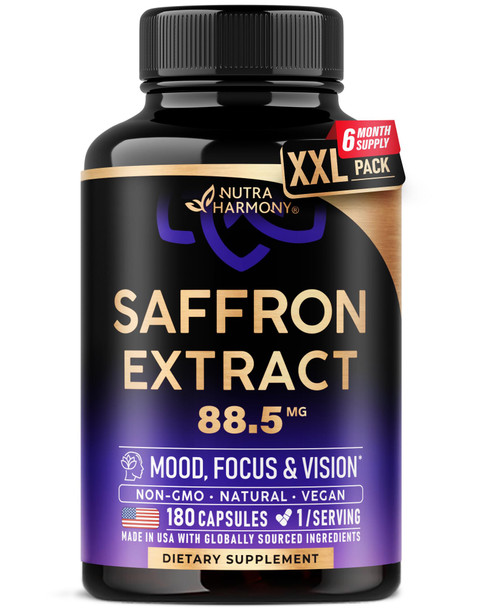 NUTRAHARMONY Natural Saffron Supplements - Pure Saffron Extract 88.5 mg - Made in USA - Mood | Focus | Vision | Energy Support - Eye Health for Women & Men - NonGMO Vegan Pills - 180 Powder Capsules