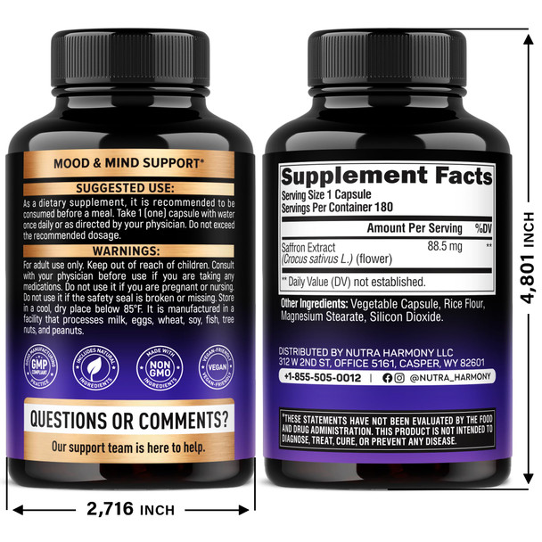 NUTRAHARMONY Natural Saffron Supplements - Pure Saffron Extract 88.5 mg - Made in USA - Mood | Focus | Vision | Energy Support - Eye Health for Women & Men - NonGMO Vegan Pills - 180 Powder Capsules