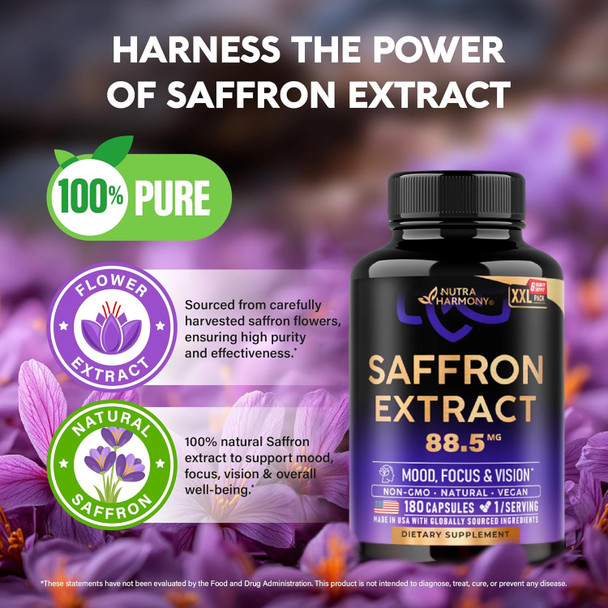 NUTRAHARMONY Natural Saffron Supplements - Pure Saffron Extract 88.5 mg - Made in USA - Mood | Focus | Vision | Energy Support - Eye Health for Women & Men - NonGMO Vegan Pills - 180 Powder Capsules