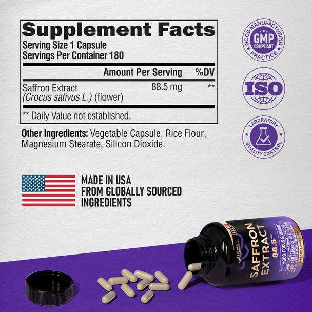 NUTRAHARMONY Natural Saffron Supplements - Pure Saffron Extract 88.5 mg - Made in USA - Mood | Focus | Vision | Energy Support - Eye Health for Women & Men - NonGMO Vegan Pills - 180 Powder Capsules