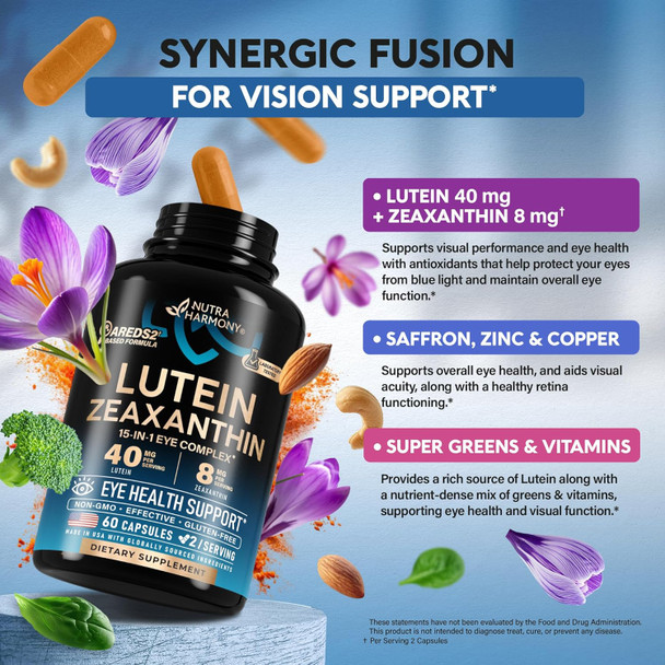 NUTRAHARMONY Eye Vitamins - Lutein and Zeaxanthin Supplements - AREDS2 Based Supplement for Seniors & Adults - Eye Health & Vision Support - Saffron, Zinc, Vitamins, Copper, Super Greens - Made in USA, 60 Capsules