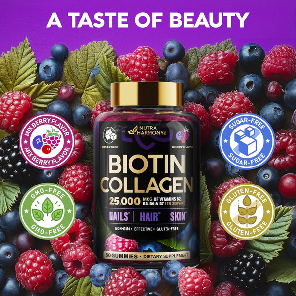 NUTRAHARMONY Biotin Gummies with Collagen - Hair Growth Support Skin, & Nail Strength - for Women & Men - Biotin 10000mcg | Keratin | Hyaluronic Acid | B-Complex | Saw Palmetto - Sugar-Free, Mixed Berry - 60 Gummy