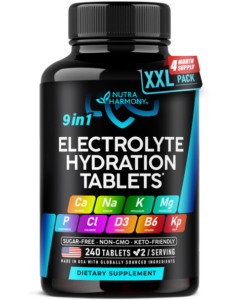 NUTRAHARMONY Electrolytes - Electrolyte Tablets with Magnesium, Sodium, Potassium, Chloride, Vitamins D3 & B6, Kelp Powder - Salt Pills - Made in USA - Oral Tablets as Capsules - Vegan & Keto Friendly - 240 Tabs