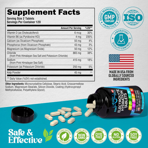 NUTRAHARMONY Electrolytes - Electrolyte Tablets with Magnesium, Sodium, Potassium, Chloride, Vitamins D3 & B6, Kelp Powder - Salt Pills - Made in USA - Oral Tablets as Capsules - Vegan & Keto Friendly - 240 Tabs