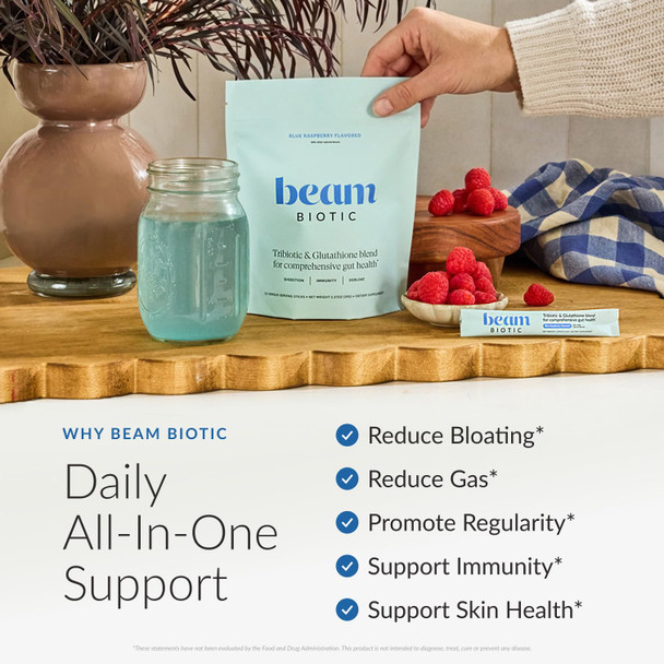 Beam Biotic Probiotics for Women – Gut Health & Digestive Health Powder with Pre Pro & Postbiotics + Glutathione Daily Probiotic Drink for Bloating Relief & Gut Balance 15 Servings Blue Raspberry