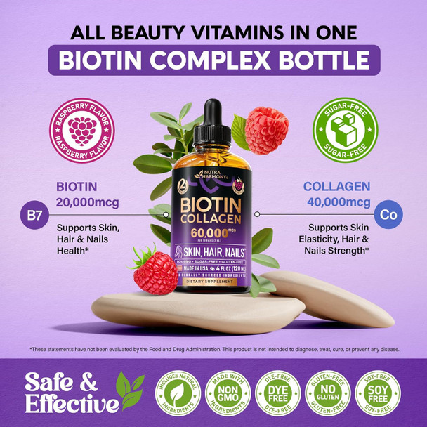 NUTRAHARMONY Liquid Biotin & Collagen 60,000 mcg - Vitamins for Hair Growth Support - Extra Strength Drops for Women & Men - Liquid Collagen Supplement - Strong Nails & Healthy Skin - Made in USA - 4 Fl Oz
