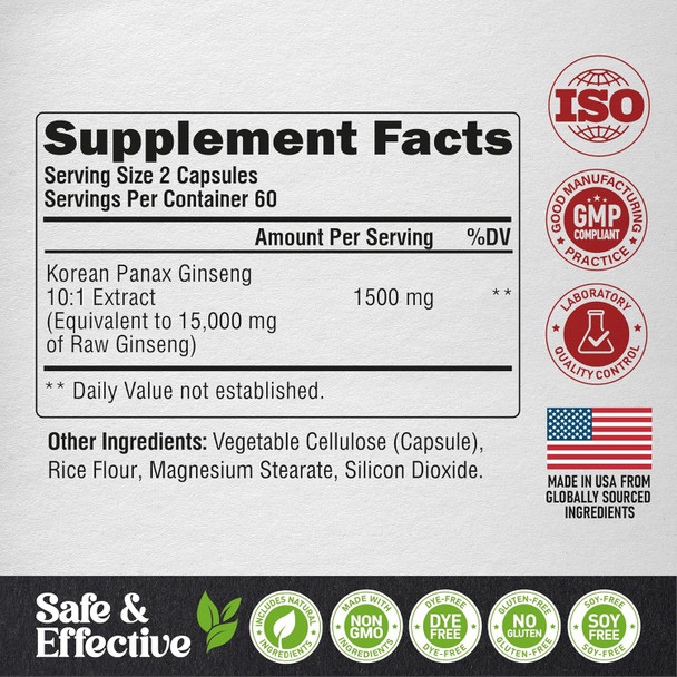 NUTRAHARMONY Panax Ginseng 15,000 mg - Red Korean Ginseng Supplement for Men - Extra Strength 10:1 Extract - Energy, Focus, Productivity & Performance - Natural & Vegan - Made in USA - 120 Capsules, 2 Month Supply