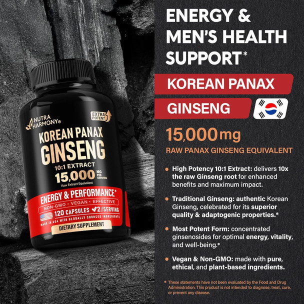 NUTRAHARMONY Panax Ginseng 15,000 mg - Red Korean Ginseng Supplement for Men - Extra Strength 10:1 Extract - Energy, Focus, Productivity & Performance - Natural & Vegan - Made in USA - 120 Capsules, 2 Month Supply