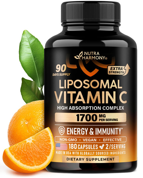 NUTRAHARMONY Liposomal Vitamin C 1700 mg - High Absorption Fat Soluble Complex - Antioxidant, Energy Boost & Immune Support - Vitamin C Supplement Made in USA - NON-GMO, SOY-Free & Gentle on Stomach - 180 Capsules