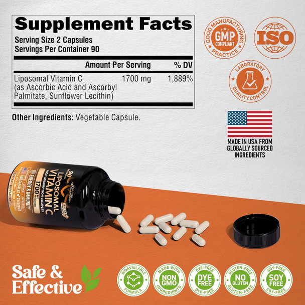 NUTRAHARMONY Liposomal Vitamin C 1700 mg - High Absorption Fat Soluble Complex - Antioxidant, Energy Boost & Immune Support - Vitamin C Supplement Made in USA - NON-GMO, SOY-Free & Gentle on Stomach - 180 Capsules