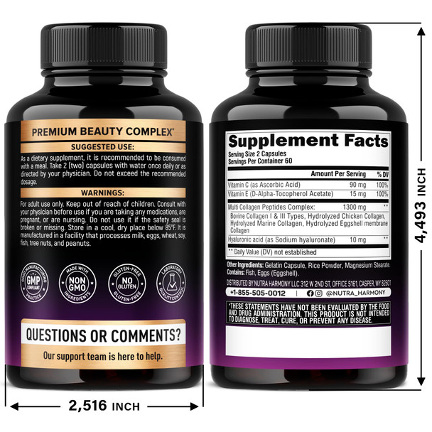 NUTRAHARMONY Multi Collagen Peptides - Hydrolyzed Types I, II, III, V & X - Collagen Supplement for Women 1300mg - w/ Hyaluronic Acid, Vitamins C & E - Skin, Hair, Nails & Joint Support - Made in USA, 120 Capsules
