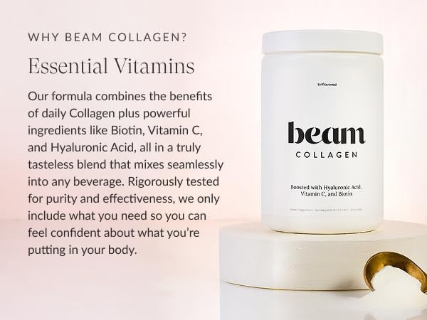 Beam Collagen Powder Collagen for Women Collagen with Hyaluronic Acid Collagen Peptides Type 1 and 3 with Biotin Grass Fed Bovine Third-Party Tested Best for Coffee Vitamin C 30 Servings
