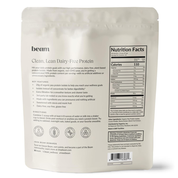 Beam Vegan Protein Powder – Organic Pea Protein Isolate 20g Plant-Based Protein per Serving Third-Party Tested No Added Sugar Dairy Free Soy Free Gluten Free 20 Servings Chocolate