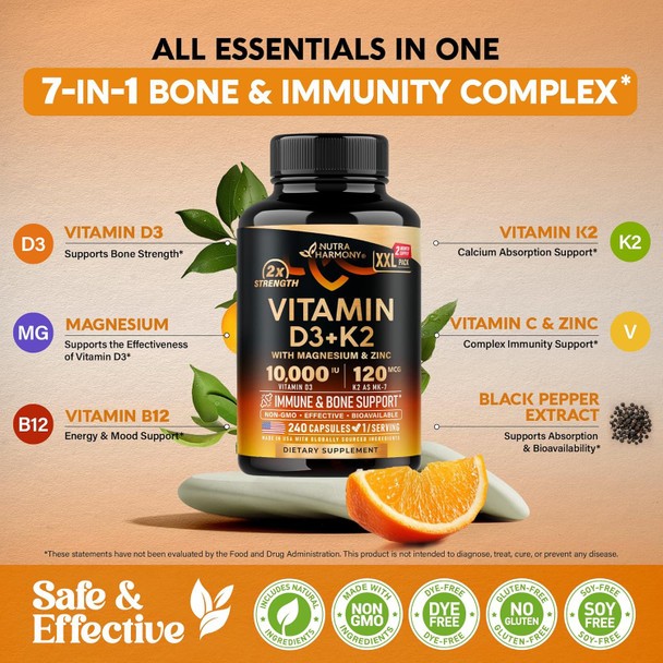 NUTRAHARMONY Vitamin D3 K2 - Vitamin D3 10000 iu & K2 as MK-7 120 mcg - Immune & Mood Support, for Bone & Teeth Health - with Magnesium, Zinc & Vitamin C & B12 - Highly Bioavailable - Made in USA, 240 Capsules