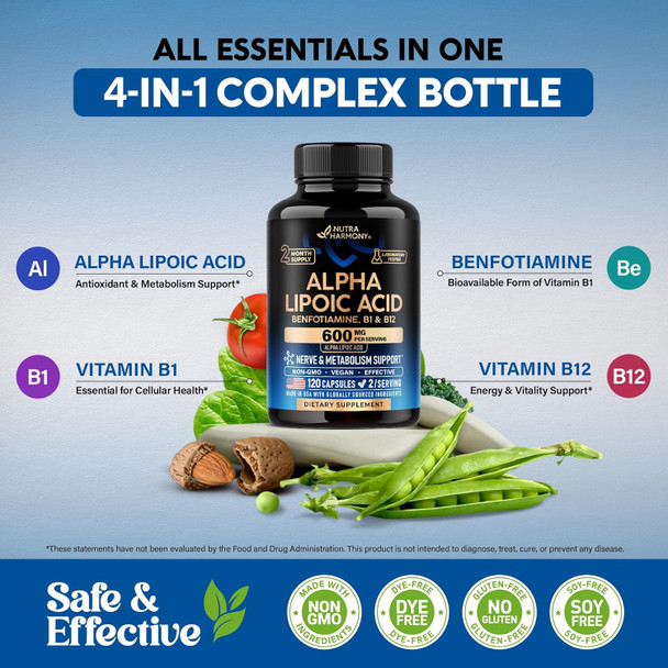 NUTRAHARMONY Alpha Lipoic Acid 600mg - ALA Supplement Antioxidant for Nerve, Energy & Metabolism Support - Extra Strength with Benfotiamine, B1 & B12 - Lab Tested, NON-GMO & Vegan - 120 Capsules, 2 Month Supply