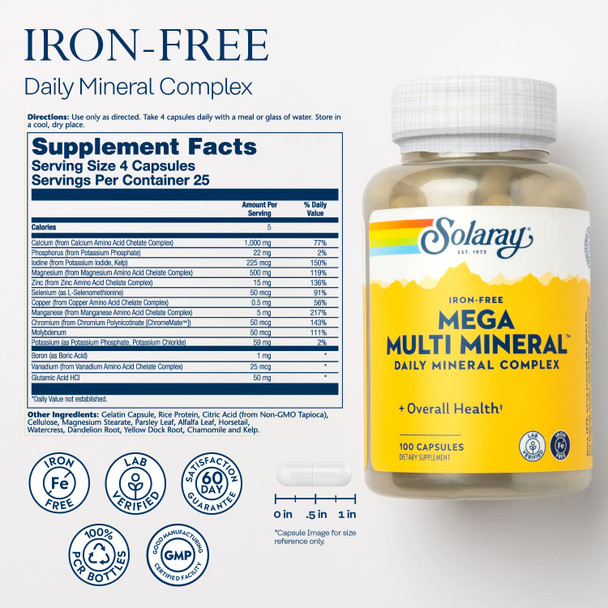 SOLARAY Mega Multi Mineral, Iron Free - Daily Mineral Supplement w/Trace Minerals, Electrolytes, Calcium, Magnesium, Zinc, Selenium, Boron - Cellular Energy, Immune Support, 60-Day Guarantee, 25 Serv