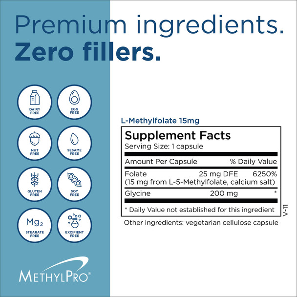 MethylPro 15mg L-Methylfolate (30 Capsules) - Professional Strength Active Methylfolate 5-MTHF Supplement for Mood Brain Health + Immune Support Non-GMO + Gluten-Free with No Fillers