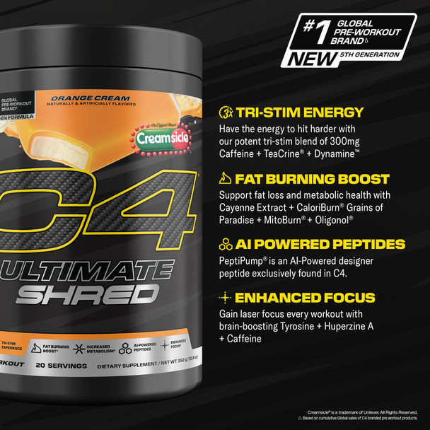 Cellucor C4 Ultimate Shred Pre Workout Powder Metabolism Supplement with Cayenne Extract+300mg Caffeine+TeaCrine+Dynamine - Orange Creamsicle 20 Servings