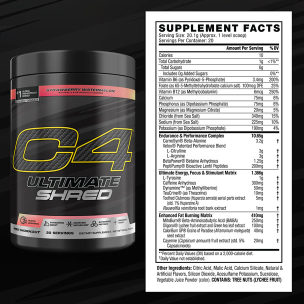 Cellucor C4 Ultimate Shred Pre Workout Powder Fat Burner for Men & Women Weight Loss Supplement with Ginger Root Extract Strawberry Watermelon 20 Servings 12.3 Ounce (Pack of 1)
