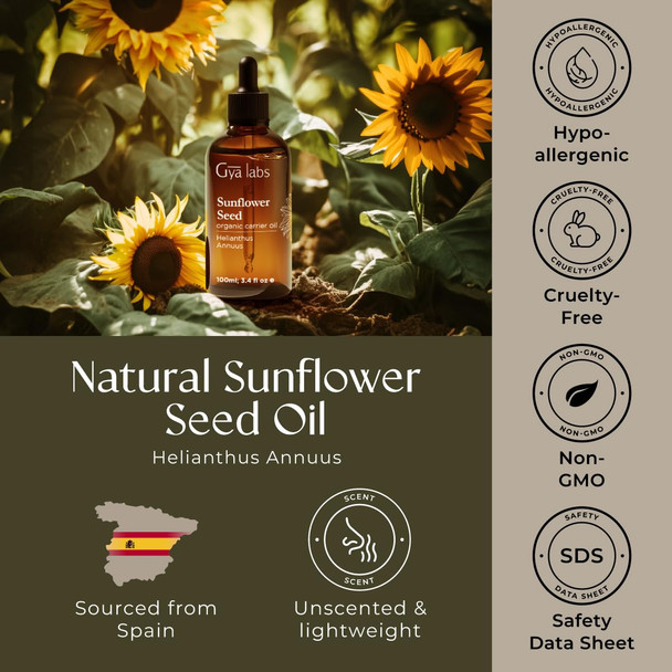 Gya Labs USDA Organic Sunflower Oil - 3.4 Fl Oz - Carrier Oil for Hair Skin Face Scalp & Body Massage