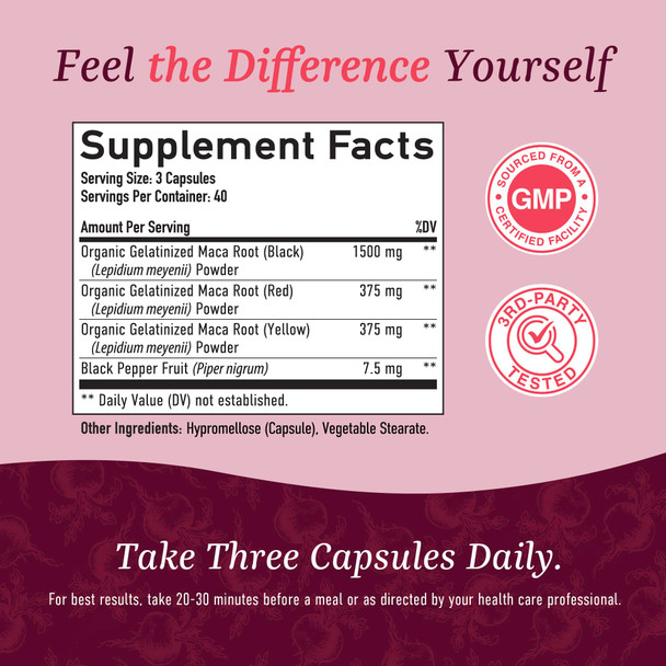 Organic Maca Root Capsules for Women | Peruvian Maca 2250MG Extra Strength | Red  Black & Yellow Root Powder with Black Pepper | Herbal Supplement to Support Energy & Hormone Balance | 120 Ct