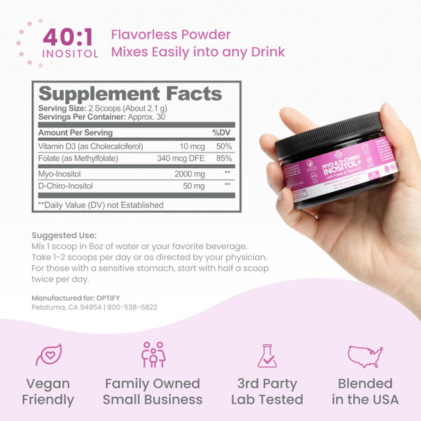 Premium Inositol Supplement - Myo-Inositol and D-Chiro Inositol Powder Plus Folate and Vitamin D - Ideal 40:1 Ratio - Hormone Balance & Healthy Ovarian Support for Women - Vitamin B8 - 30 Day Supply